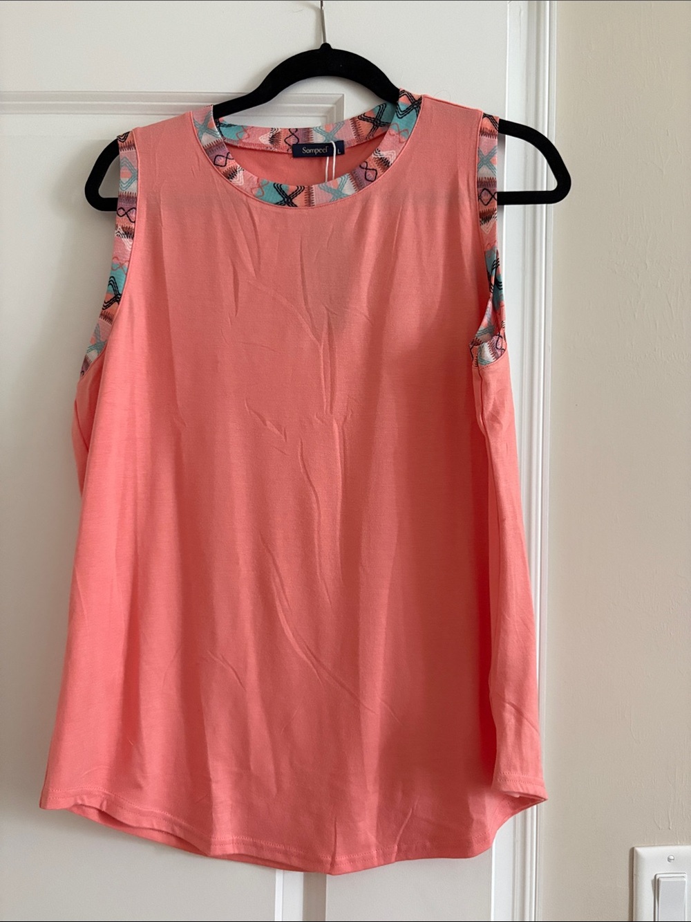 Coral Sleeveless Tank with Printed Trim